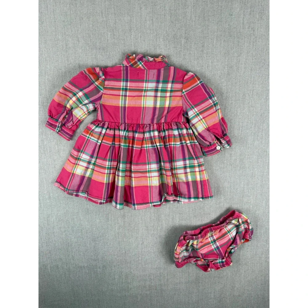 Ralph Lauren Baby Girls Pink Plaid Ruffle Dress Diaper‎ Cover Set 3M 100% Cotton